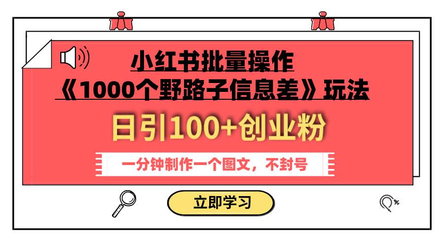 小红书批量操作《1000个野路子信息差》玩法 日引100 创业粉 一分钟一个图文|冰针科技